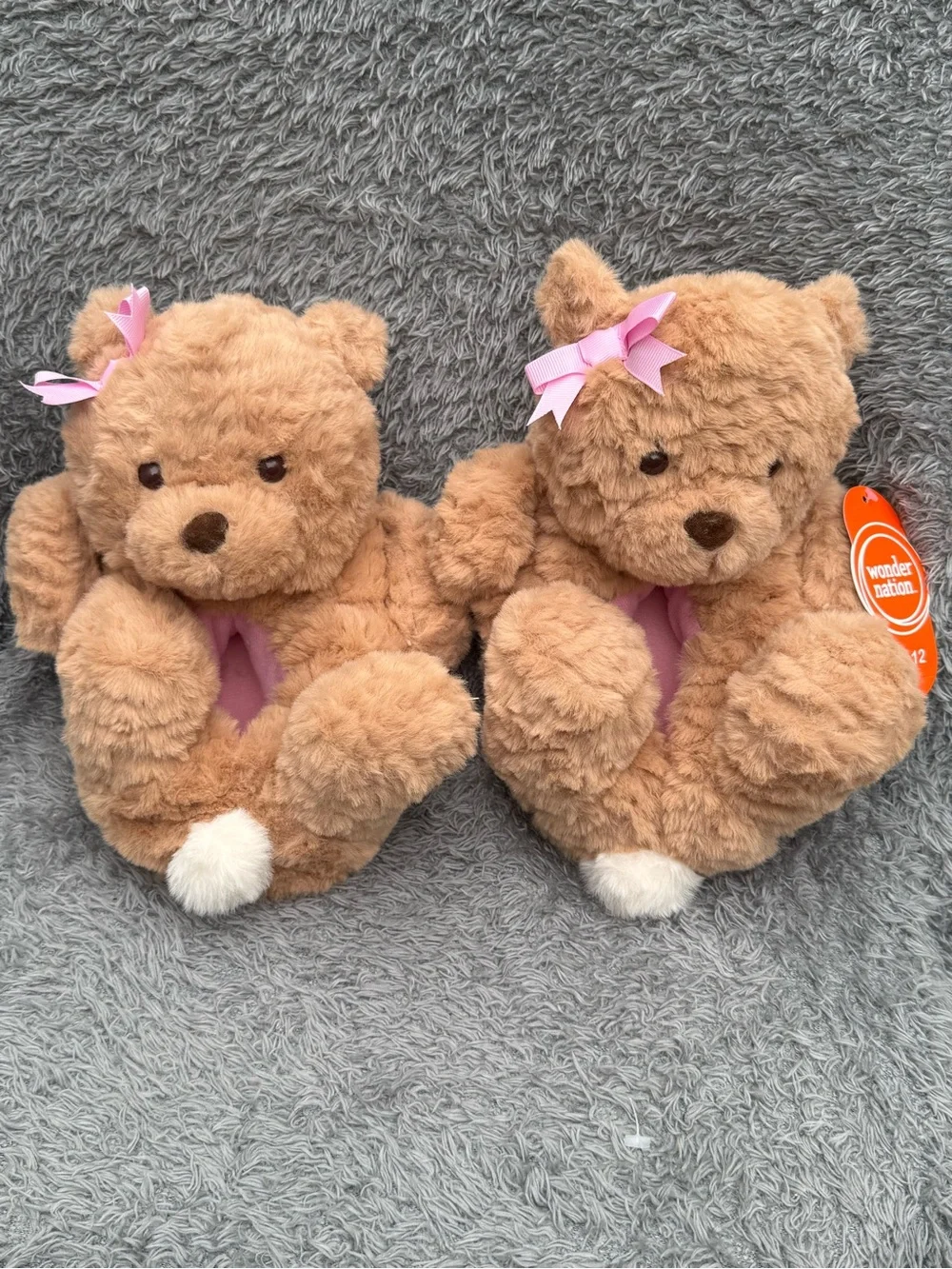 wonder nation Brown Bear Plush Slippers with Pink Bows Girls‎ 11-12 New